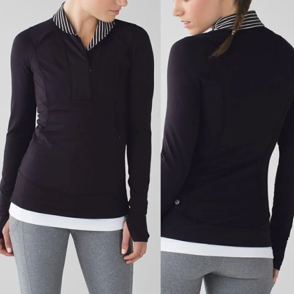Lululemon Think Fast W3H68S Pullover top Stripe Black White fitted long sleeve 6